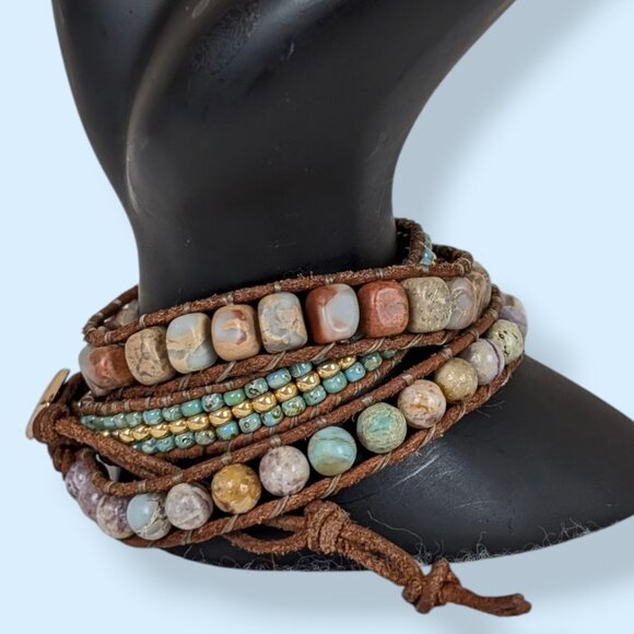 Bohemian Leather & Stone Wrap Bracelet - Picture 1 of 5